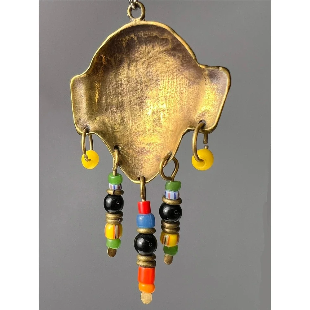 Hand Cast African Tribal Brass Mask Beaded Multicolor Dangle Earrings